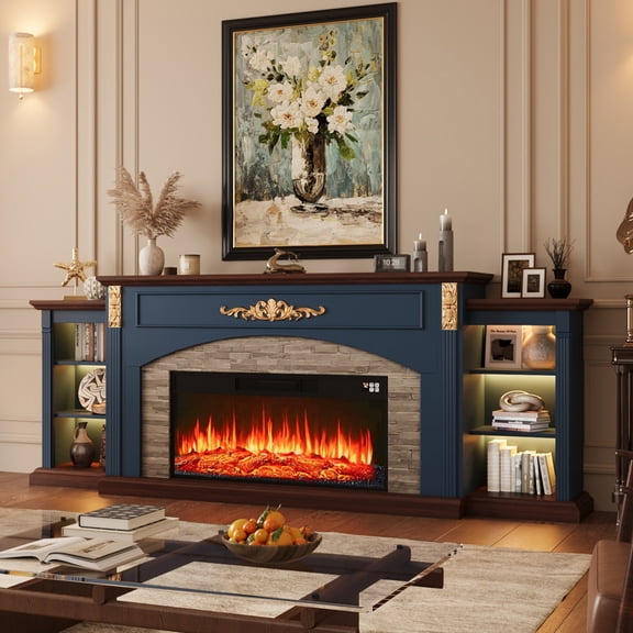 90" Fireplace with Mantel, Large Farmhouse TV Stand with 36" Firewood Fireplace, LED Entertainment Center with Power Outlets Adjustable Shelves