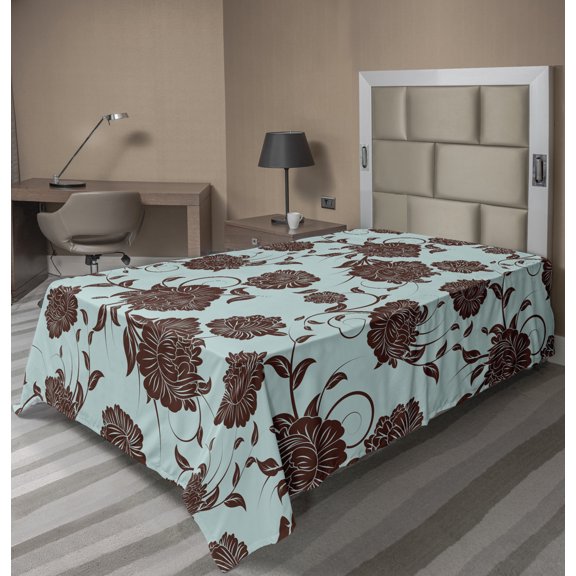 Ambesonne Floral Flat Sheet, Flower Ornaments Retro, TwinXL Size, Pale Blue Brown