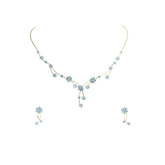 Faship Gorgeous Aqua Rhinestone Crystal Floral Necklace Earrings Set