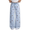 thumbnail image 2 of TIREOW Girls Denim Pants Straight Wide Leg Elastic High Waist Denim Trousers Fashionable Cherry Embroidered Baggy Streetwear Jeans, 2 of 8