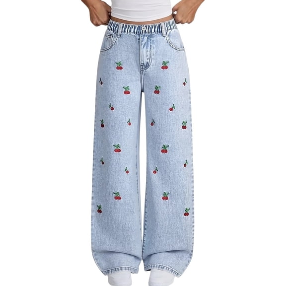 GiLiling Teen Girls Wide Leg Baggy Jeans High Waist Elastic Waist Y2k Vintage Denim Pants Aesthetic Cargo Pants Fruit Embroidery (Blue, 11-12 Years)
