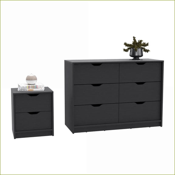 Bedroom Furniture Set 2-Piece Double Dresser & Nightstand Modern Particle Board Black for Bedroom | Double Dressers | Particle Board