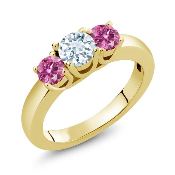 Gem Stone King 18K Yellow Gold Plated Silver 3-Stone Ring Round Sky Blue Aquamarine and Vivid Pink Moissanite (0.96 Cttw, Size 6)