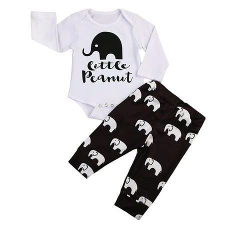 Infant Newborn Baby Girls Boys Long Sleeve Elephant Bodysuit Romper+ Long Pants Outfit Clothes Set