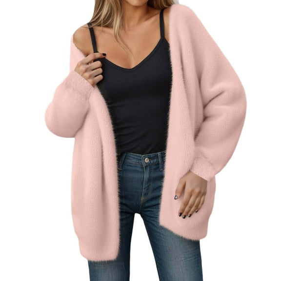 Ediodpoh Long Cardigans for Women Knit Cardigan Long Sleeve Soft Open Front Cozy Mid Length Sweater Outerwear for Fall Winter Pink