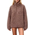 thumbnail image 2 of Womens Half Zip Fleece Striped Jacket Oversized Stand-Up Collar Sweatshirt Warm-Fuzzy Outerwear Brown XL, 2 of 7