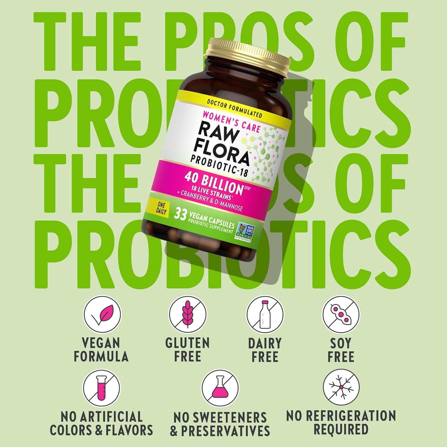 Raw Flora Probiotics for Women | 40 Billion CFU | 33 Vegan Capsules | with Cranberry & D-Mannose | by Nature's Truth