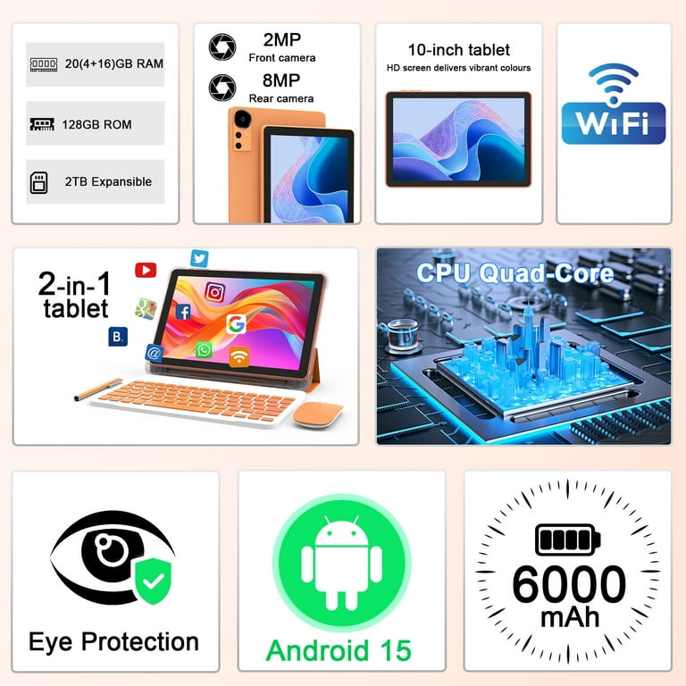 CUPEISI, Android 15 Tablet, 10 Inch, 20GB RAM+128GB ROM/2TB