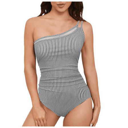 Fulorrnie One Piece Swimsuit for Women High Waisted Shoulder Crew Neck Open Back Bathing Suit Ruched Stretchable Swimwear Camouflage XXL