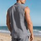 thumbnail image 5 of Camiseta sin mangas con cuello vuelto para hombre, de lino, de color liso, informal, sin mangas, con botones y bolsillos, de poliéster, para verano, 5 of 9