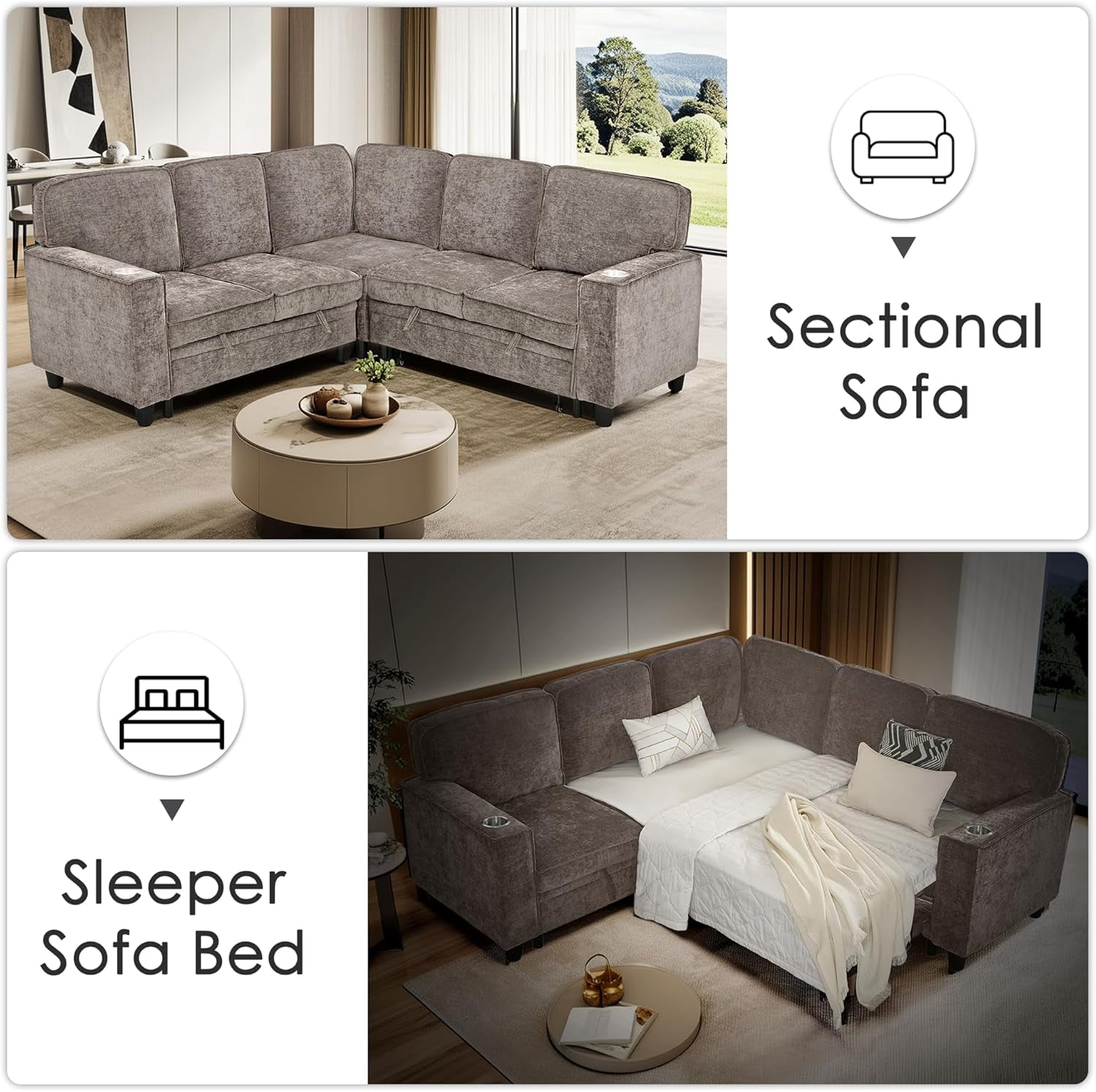 81" Modular Sectional Sofa, L Shaped 5-Seater Sleeper Sofa with Pull Out Bed, Hidden Storage, Cup Holders & USB Charging Ports, Sectional Couches for Living Room，Chenille，Light Brown