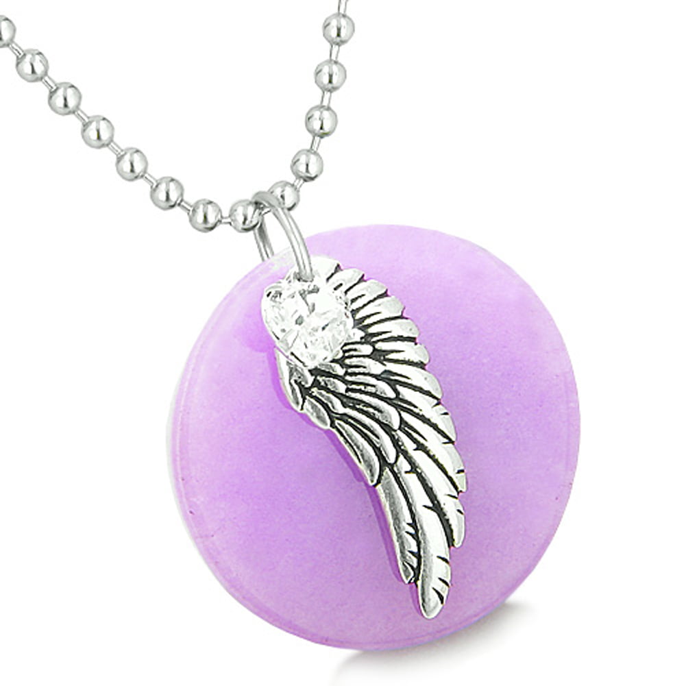 Angel Wings Heart Pendant With Purple And White Crystals On Silver Necklace