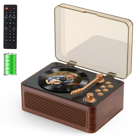 Gueray Portable CD Player with Speaker,Battery Operated 3600 mAh Vintage CD Player Bluetooth for Home, Retro Wood CD Players FM Radio with Remote Con