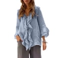 thumbnail image 4 of vdgthytj Women Solid Casual Blouse Long Bell Sleeve Button Front V Neck Floral Ruffle Shirt Fashion Plus Size Tunic Top, 4 of 7