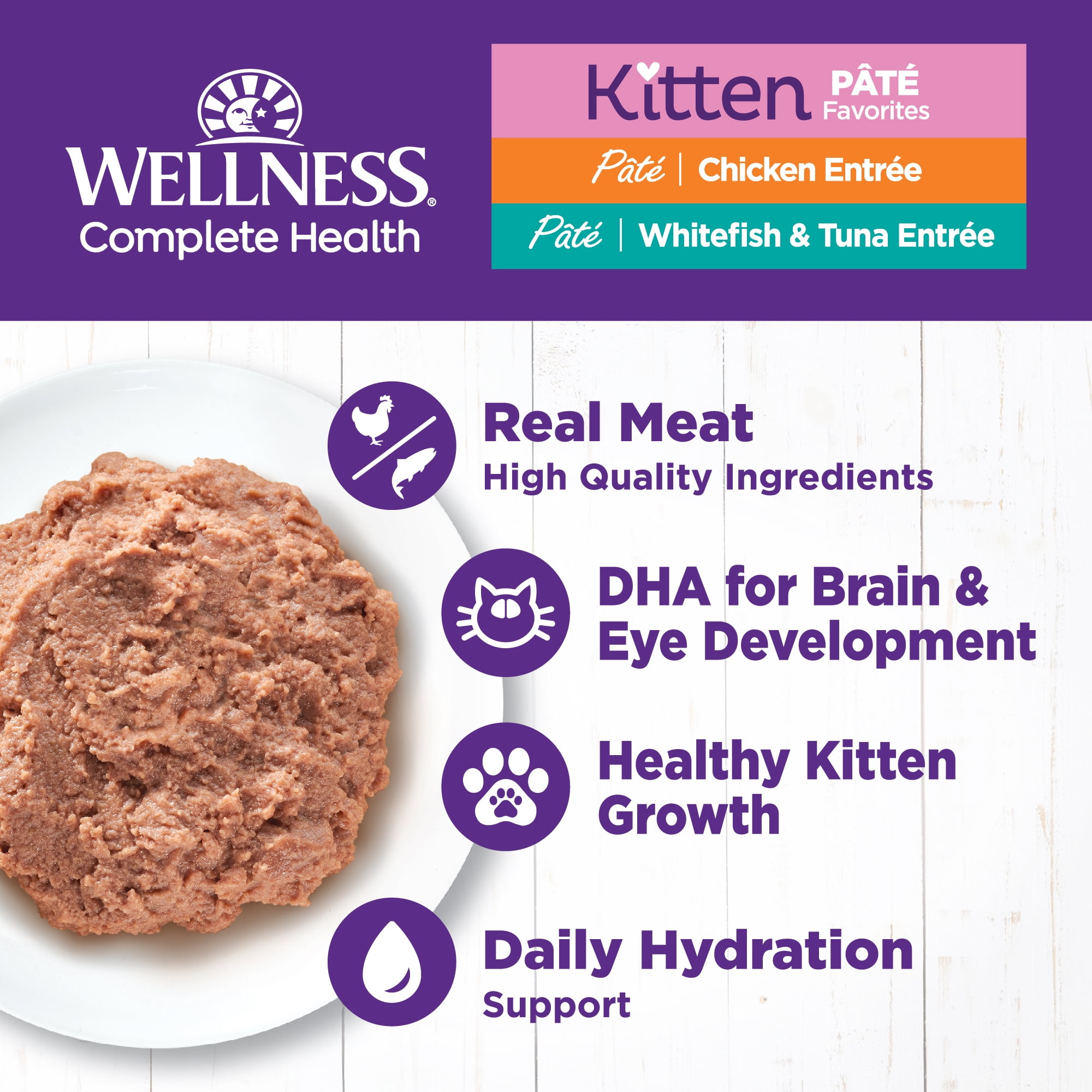 Wellness Complete Health Pate Variety Pack Kitten Canned Wet Cat Food, Natural, Protein Rich, Grain Free, Whitefish and Chicken Recipes, 3 oz, Pack of 12 Cans