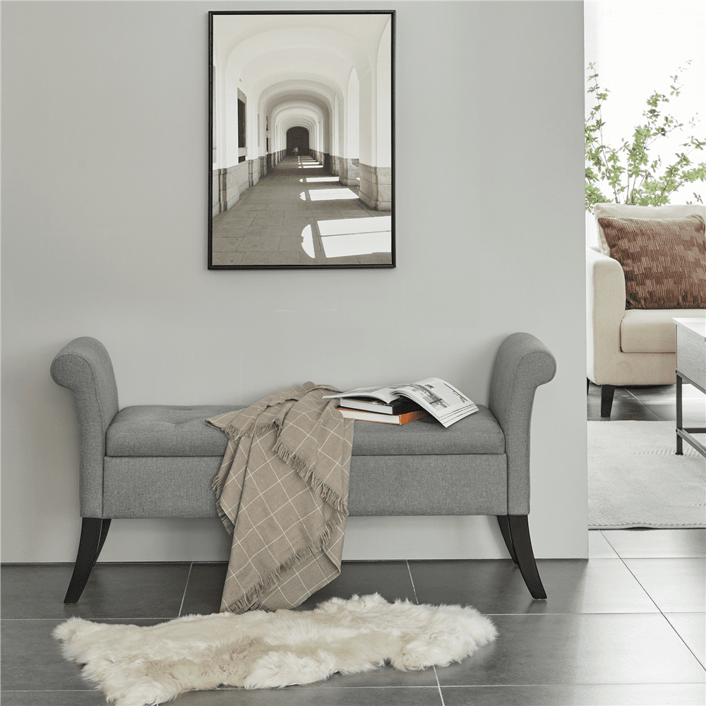 Alden Design Button Tufted Ottoman Storage Bench with Rolled Arms, Light Gray Fabric