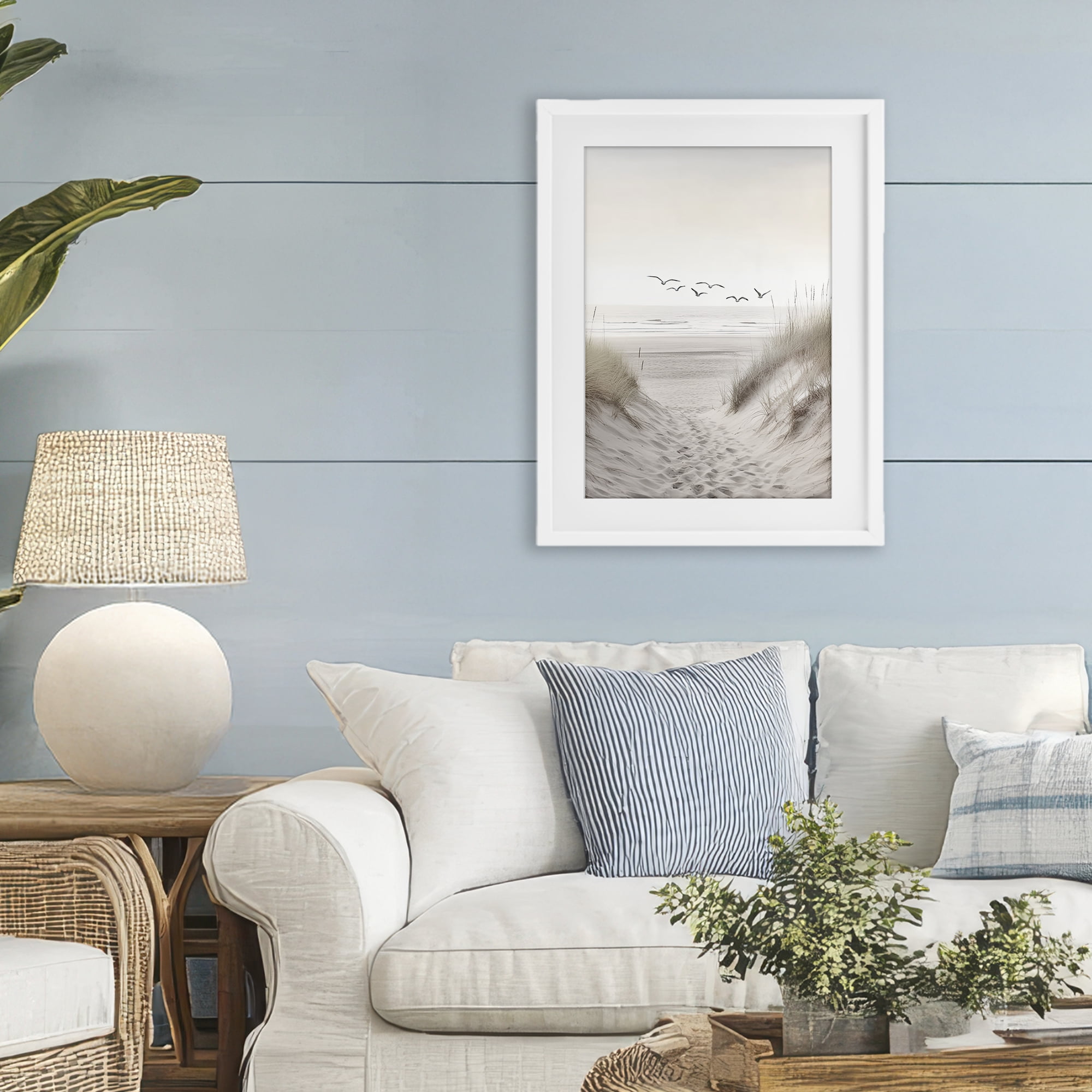 Seagulls over Sandy Footprints White Framed Print Under Glass, design by Decent Exposures
