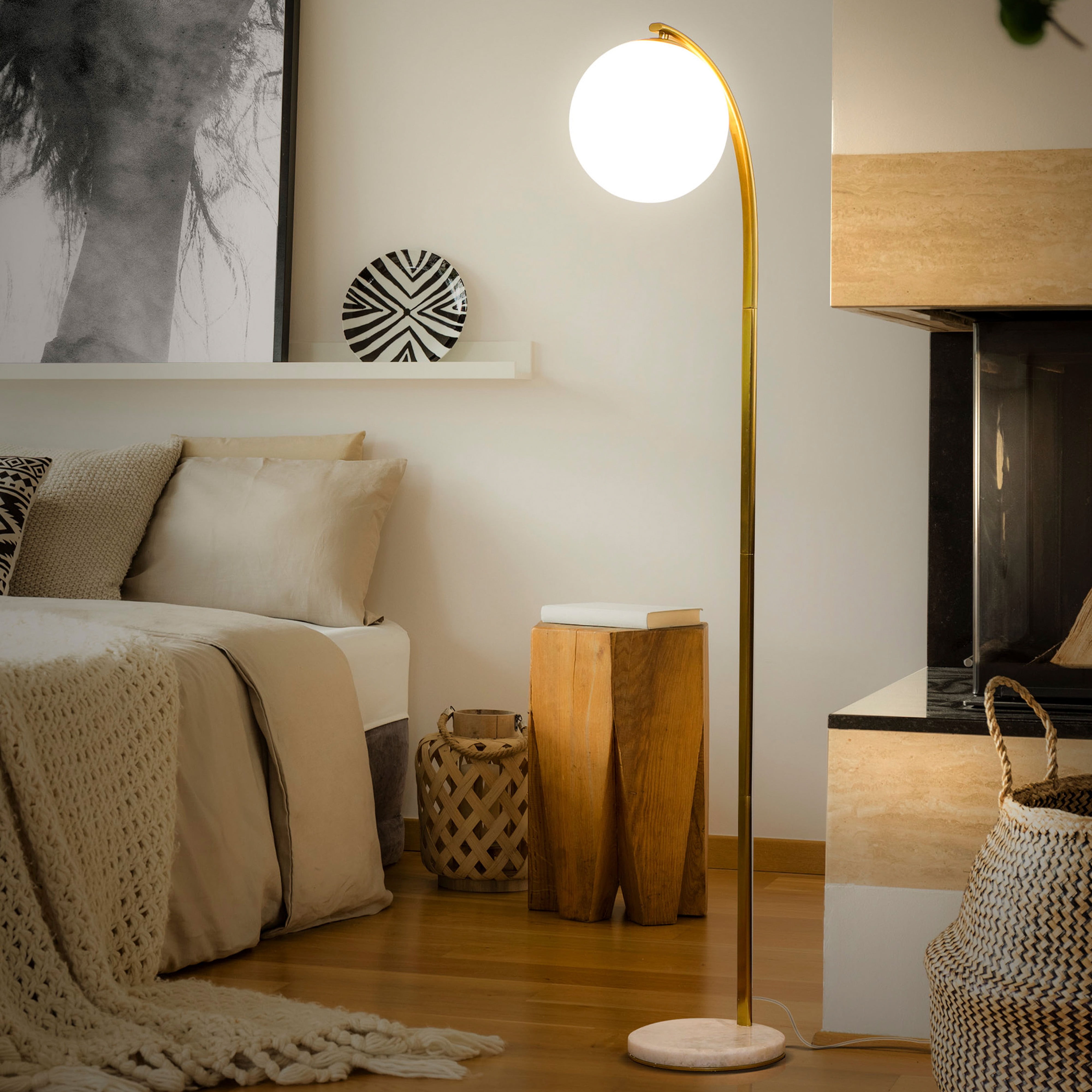 Brightech Luna Drop 66" LED Floor Lamp, Frosted Glass Globe Arcing Living Room Lamp, Mid-Century Modern Standing Lamp for Living Rooms, Bedrooms & Offices - Brass