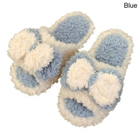 

Leisure Time Keep Warm Cold Protection Cute Non-Slip Keep Warm Plush Shoes Slippers Bowknot Cotton Slippers BLUE 38-39