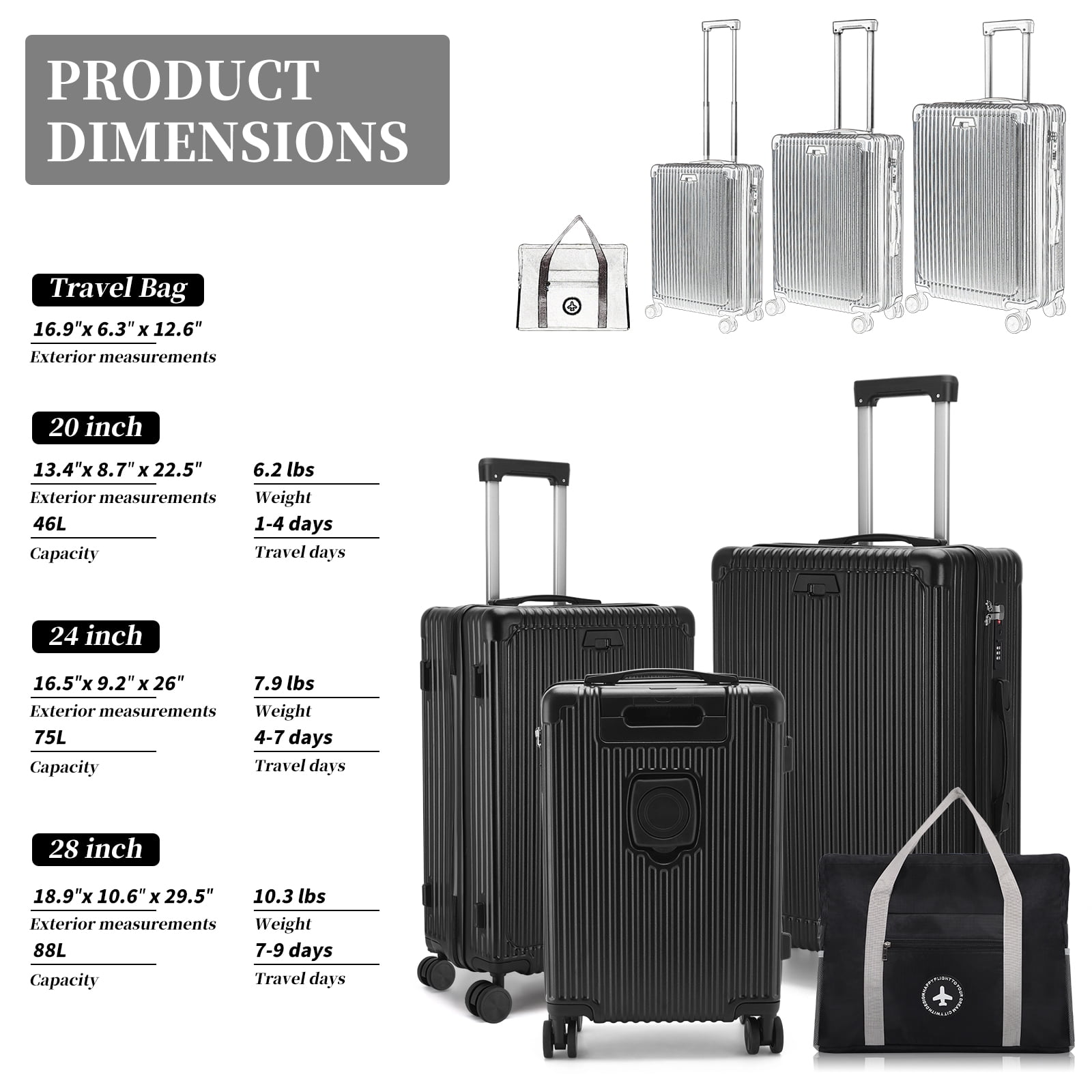 3 Piece Hardside Luggage Set, Hardshell Lightweight Suitcase with Duffel Bag, Double Spinner Wheels, USB Port, Cup Holder, TSA Lock ,Side Hook 20in24in28in.(Black)