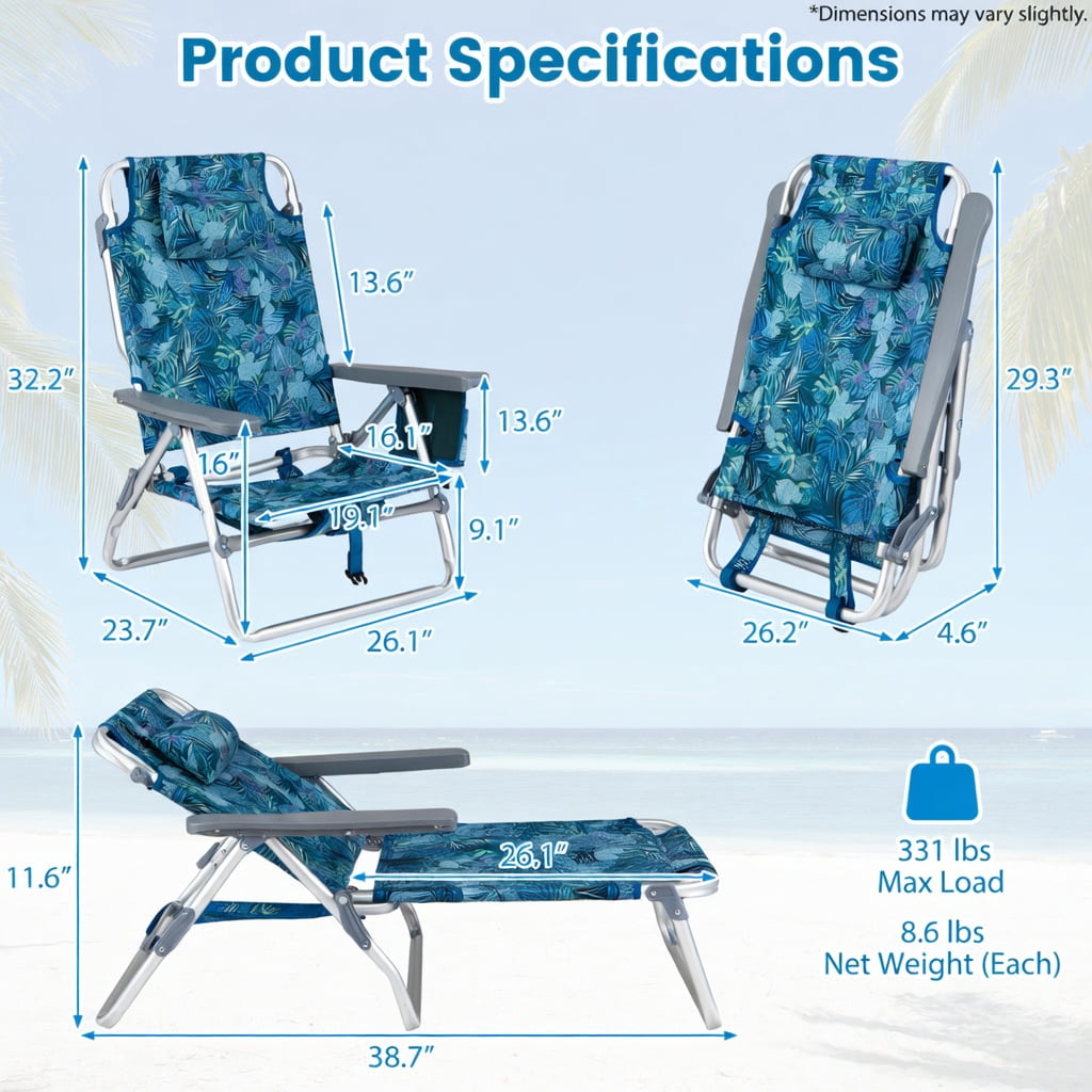 Hommoo 2-Pack Portable Beach Chairs with 5-Position Reclining Backrest, Padded Headrest & Insulated Cooler Bag, Peacock Blue