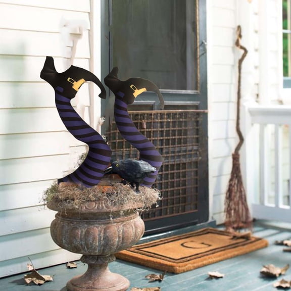 Halloween Witch Drop Garden Decoration, Purple and Black Striped Witch Legs for Potted Plants, Outdoor Yard Art and Seasonal Garden Ornaments, 1Pack Purple