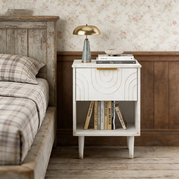 White Bedside Night Stand with Drawer & Gold Handle, Modern Wood Legs, Compact Kids End Table for Boys Girls Small Bedroom Spaces
