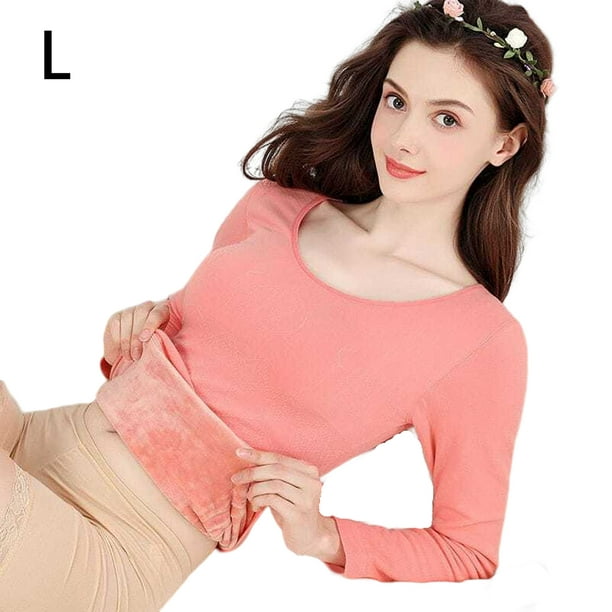Destyer Women Thermal Underwear Winter Warm Cold Weather Basic Top Solid  Color Base Clothing Warmer Dressing Soft Casual Clothes Pink L 