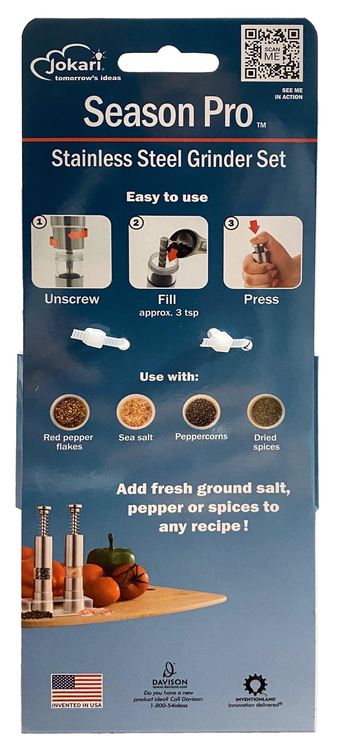 Jokari Season Pro™, Set of 2, Stainless Steel Grinders with Acrylic Base, for Salt, Pepper or Spices