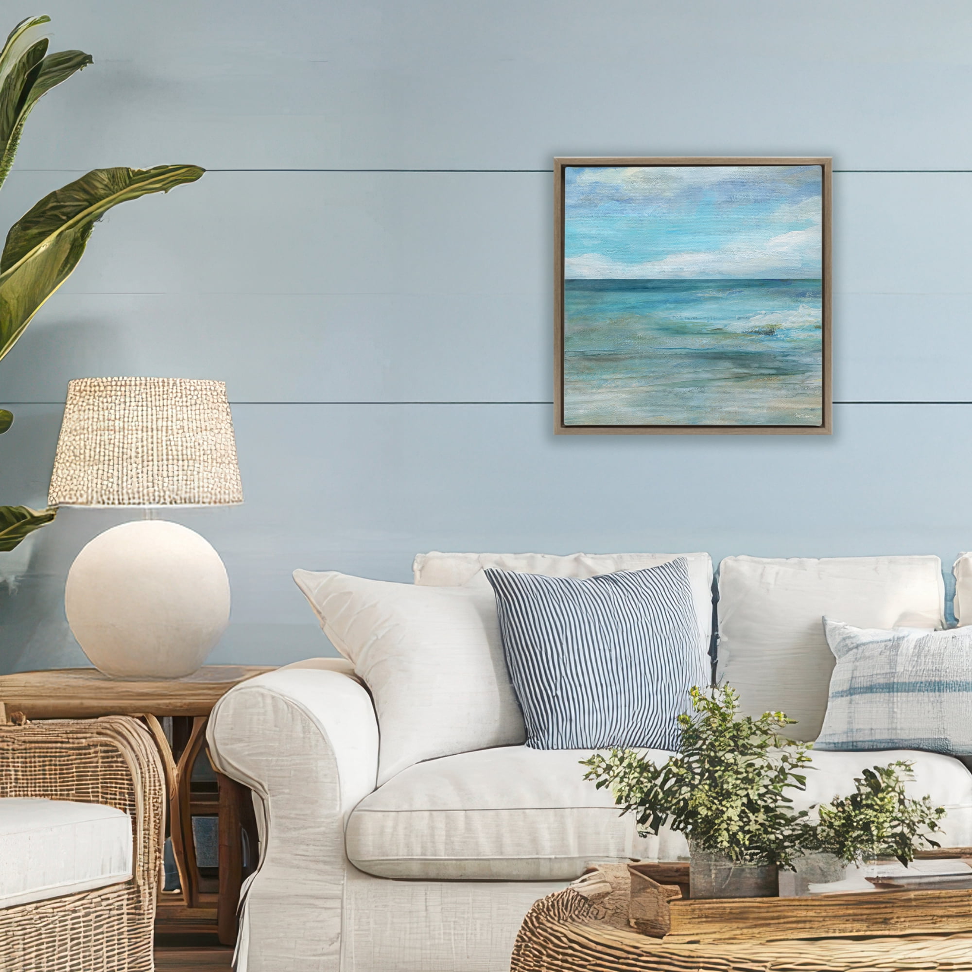Stupell Industries Aqua Seascape Tranquility Brown Framed Floater Canvas Wall Art, design by Carol Robinson