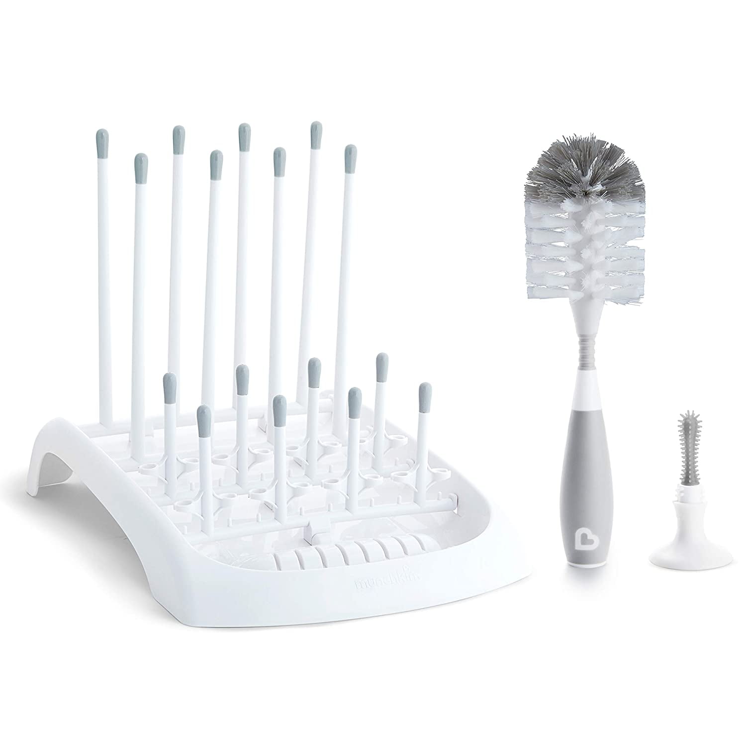Munchkin Baby Bottle and Sippy Cup Cleaning Set with Fold Drying Rack and Bristle Bottle Brush, Gray