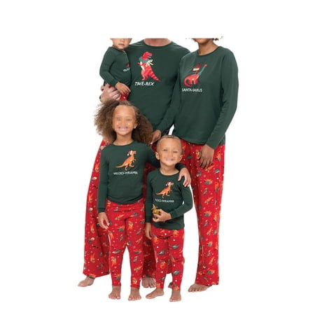 

Family Matching Christmas Pajamas Outfits Long Sleeve Cartoon Dinosaur Printed Tops + Elastic Waist Pants Nightwear Matching Set