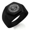 thumbnail image 1 of Stainless Steel Mayan Calendar Rune Engraved Hexagon Crest Flat Top Biker Style Polished Ring, 1 of 1