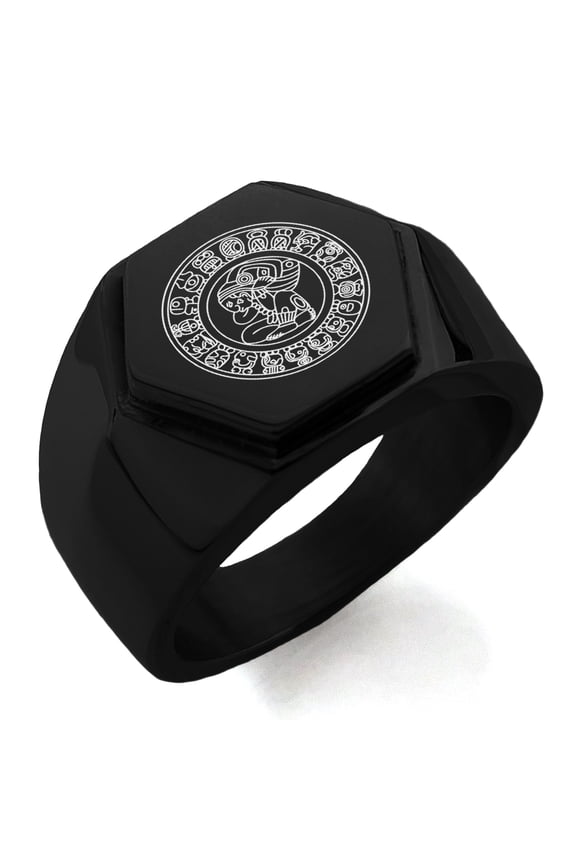 Stainless Steel Mayan Calendar Rune Engraved Hexagon Crest Flat Top Biker Style Polished Ring