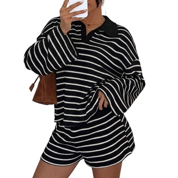 Women'S Striped Knit Collared Long Sleeve Top and Shorts Two-Piece Outfit Set Black L