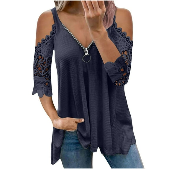 Giftesty Womens Plus Size Clearance Women Casual Lace Half Sleeve V-Neck Zipper Hollow Out T-Shirt Blouse Tops