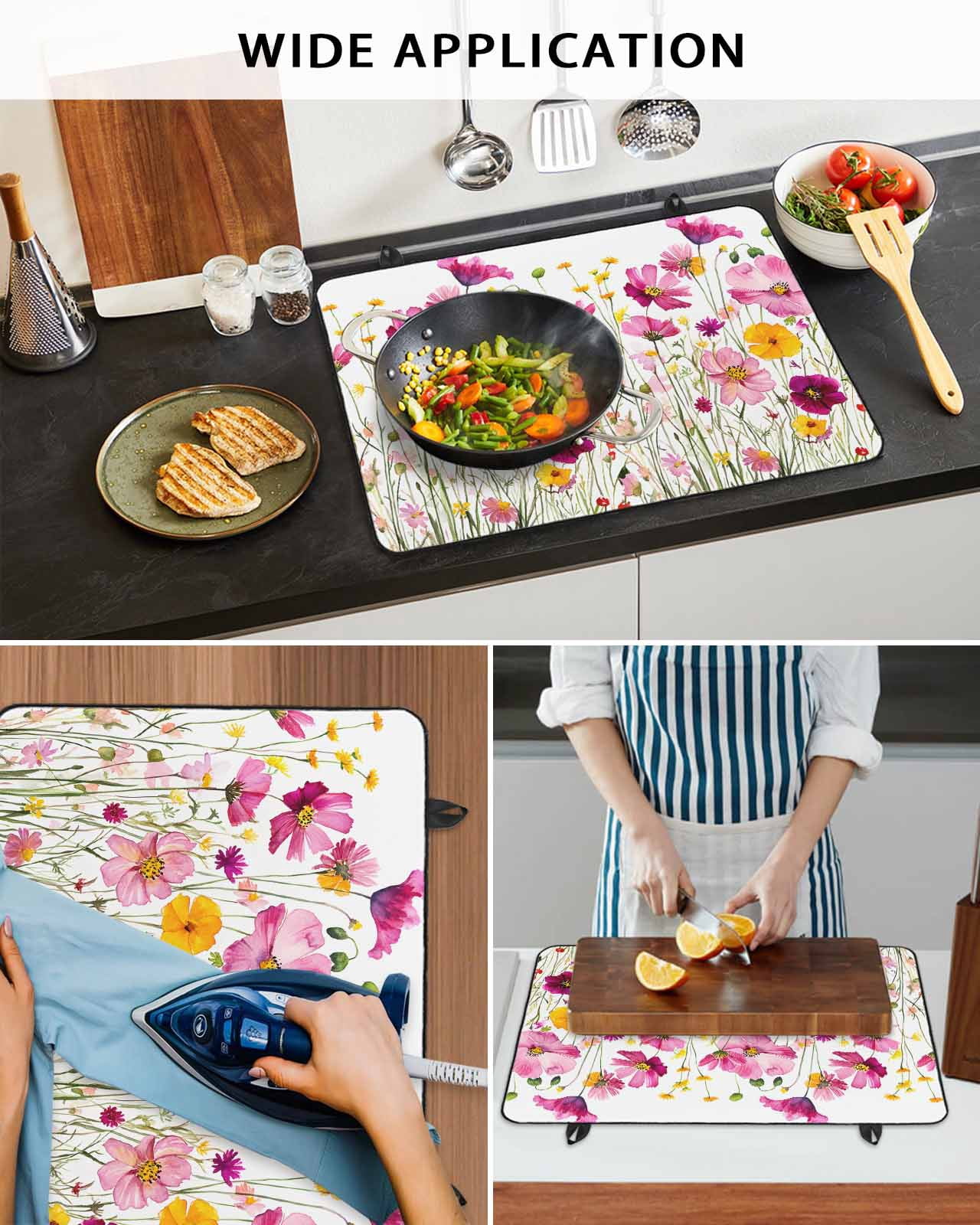 nqOlkjepod Large Induction Cooktop Protector Mat 24"x21", Pink Yellow Flowers Stove Top Covers for Electric Stove, Spring Blooms Botanicals Floral Stove Burner Cover Mats, Glass Top Stove Cover