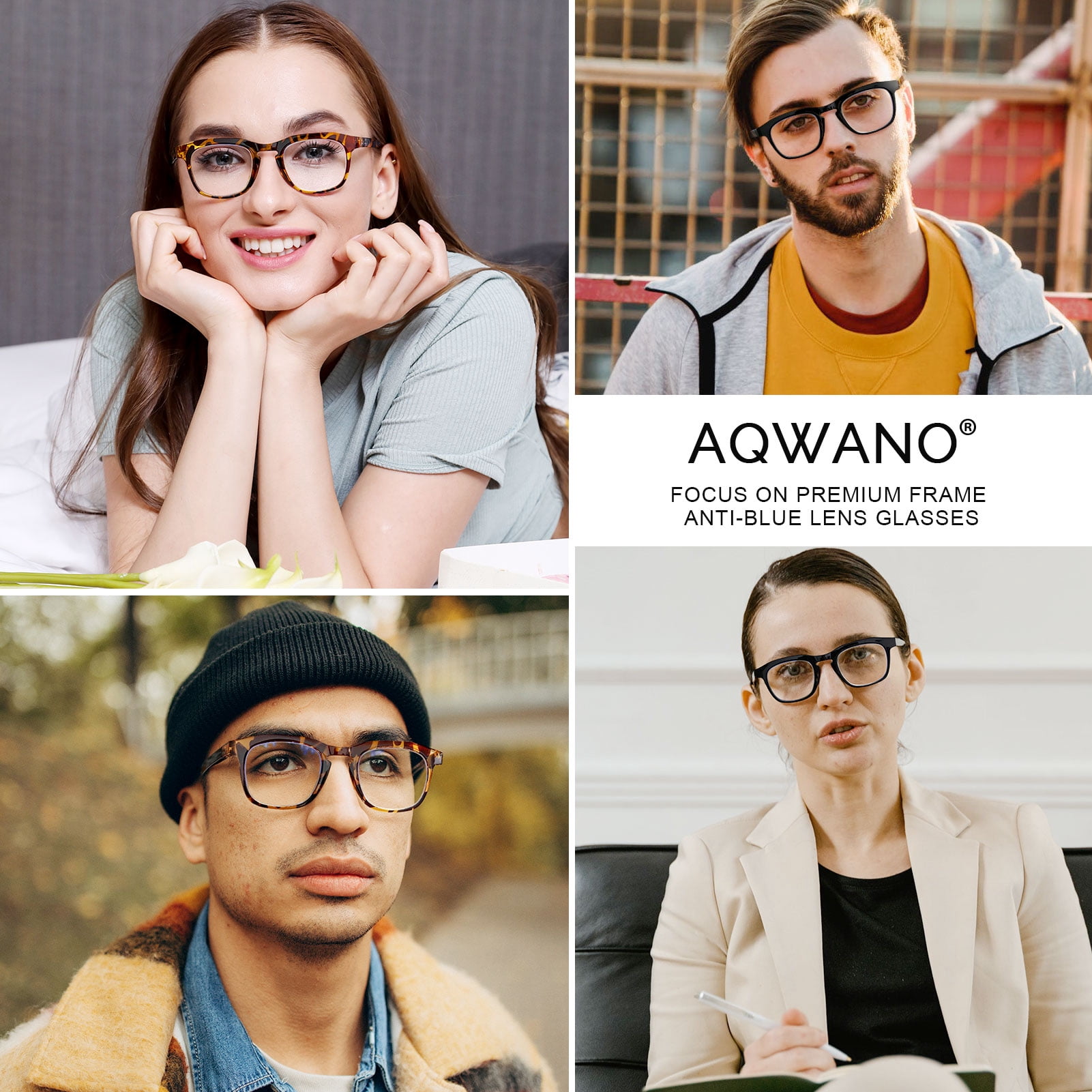 4 Pack Reading Glasses Men Women - Quality Square Readers Computer Blue Light Blocking with Comfort Spring Hinges, 0.0