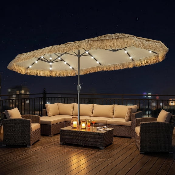 Autlaycil 13 ft Patio Umbrella with 36 Lights, Plastic Thatch Canopy, Outdoor Tiki Umbrella, Hawaiian Backyard, Pool, Beach