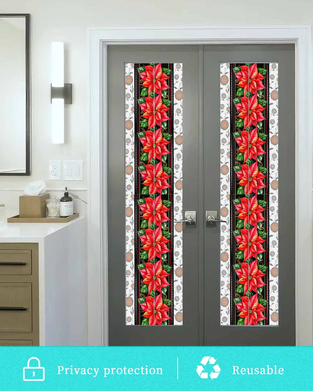 Red Christmas Window Privacy Film Stained Glass Window Film Decorative Windows Cover Static Windows Cling for Glass Door Xmas Botanical Poinsettia Stickers for Bathroom 29.5"x118"