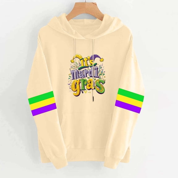 Zedker Mardi Gras Hoodies for Women Striped 2026 Carnival Top Long Sleeve Casual Holiday Sweatshirt Loose Spring Travel Party Pullover Tops
