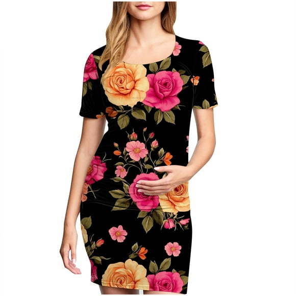 yoeyez Robes de Maternité pour Femmes pour Mariage à Manches Courtes à Encolure en U Robe Imprimée Grande Taille Robe de Grossesse Extensible Robes de Maternité en Liquidation Multicolore,m