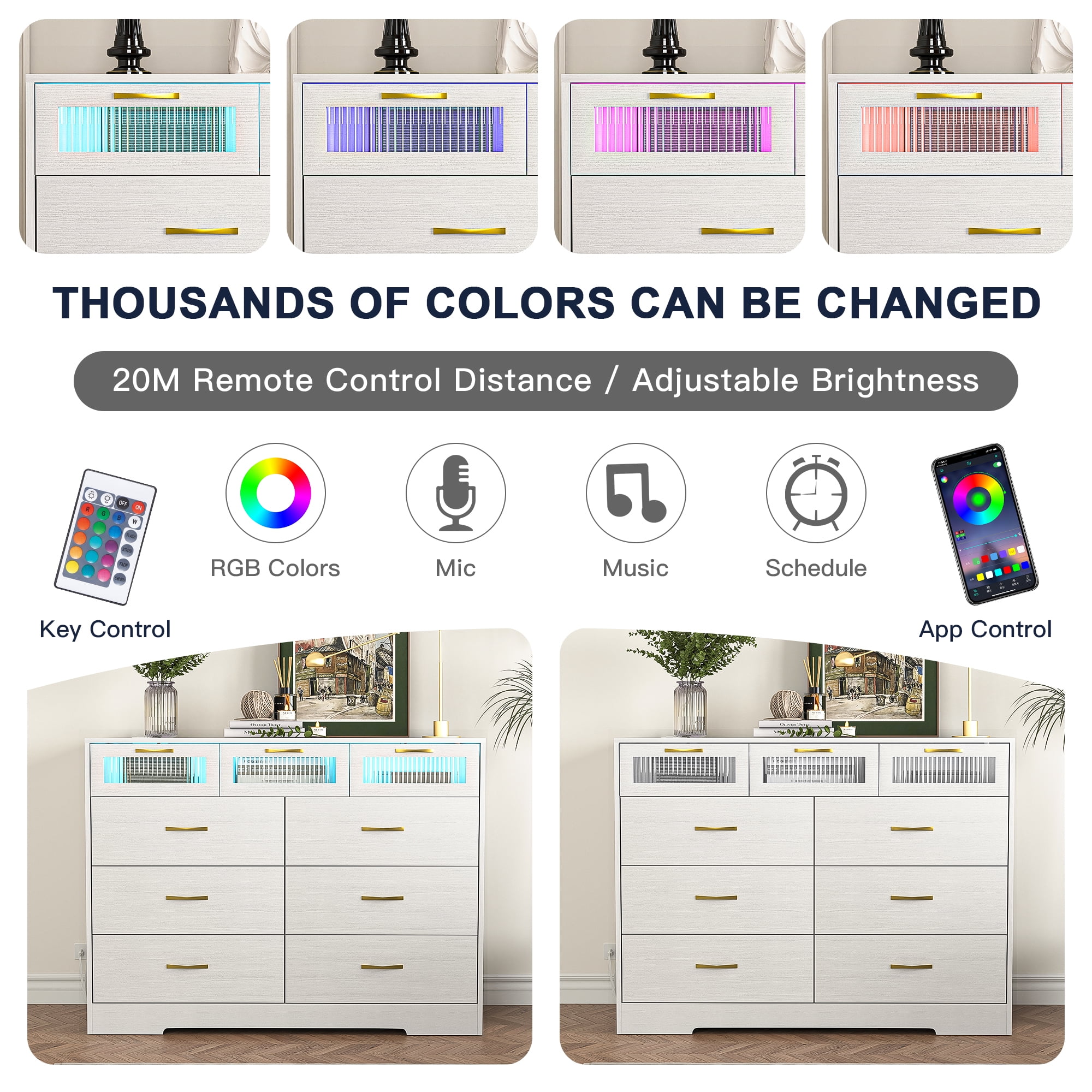 Finihen 6 Drawers Double Dresser with LED Lights and Charging Station, Modern Chest of Drawers, Clothes Storage Cabinet for Bedroom, Living Room, Hallway, White Finihen 6 Drawers Double Dresser with LED Lights and Charging Station, Modern Chest of Drawers, Clothes Storage Cabinet for Bedroom, Living Room, Hallway, White
