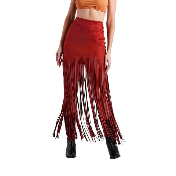 Levmjia Women Maxi Skirt High Waisted Solid Color Bodycon Slim Fit Long Tassel Hem Western Style Stretchy Soft Fabric For Concerts Party Date Night