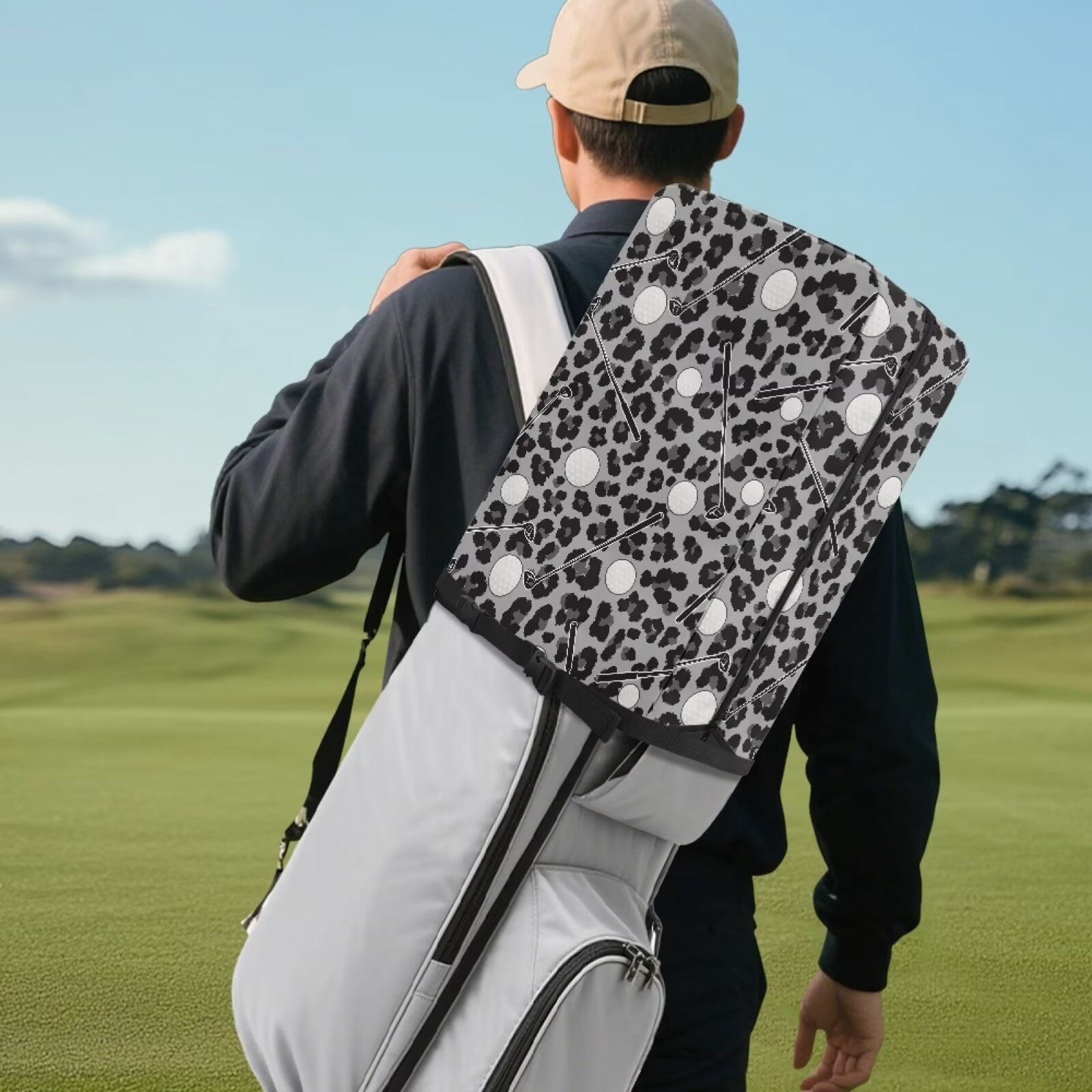 Chririnla Black Leopard Print Portable Golf Bag Rain Cover Hood Protector for Men Women Waterproof Rain Cover with Adjustable Strap