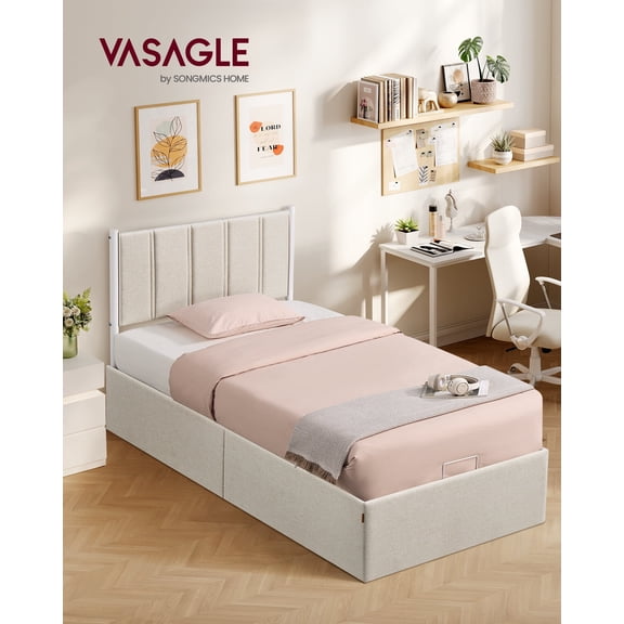 Twin Size Hydraulic Storage Bed Frame with Upholstered Headboard, 550 lb Capacity, Underbed Organizer, No Box Spring, Easy Assembly, Cappuccino Beige