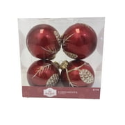 Holiday Time Glitter Ball with Pinecone Design Christmas Ornaments, Red Gold, 4 Count