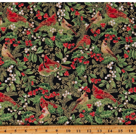 Cotton Cardinals on Branches Metallic Gold Accents Birds Winter Christmas Black Cotton Fabric Print by the Yard (HOLIDAY-CM2055-BLACK)