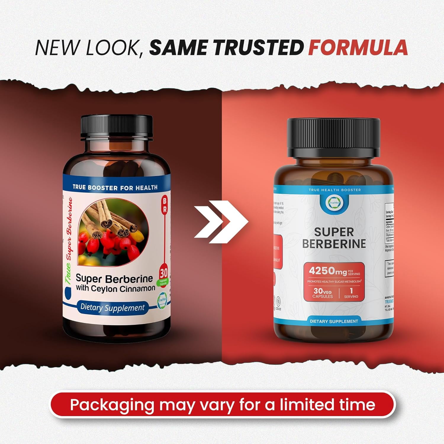 TrueMed Super Berberine 4250 mg with Ceylon Cinnamon & Dihydroberberine | Metabolic Support & Cardiovascular  Health Support Supplement, 30 Vegetable Capsules