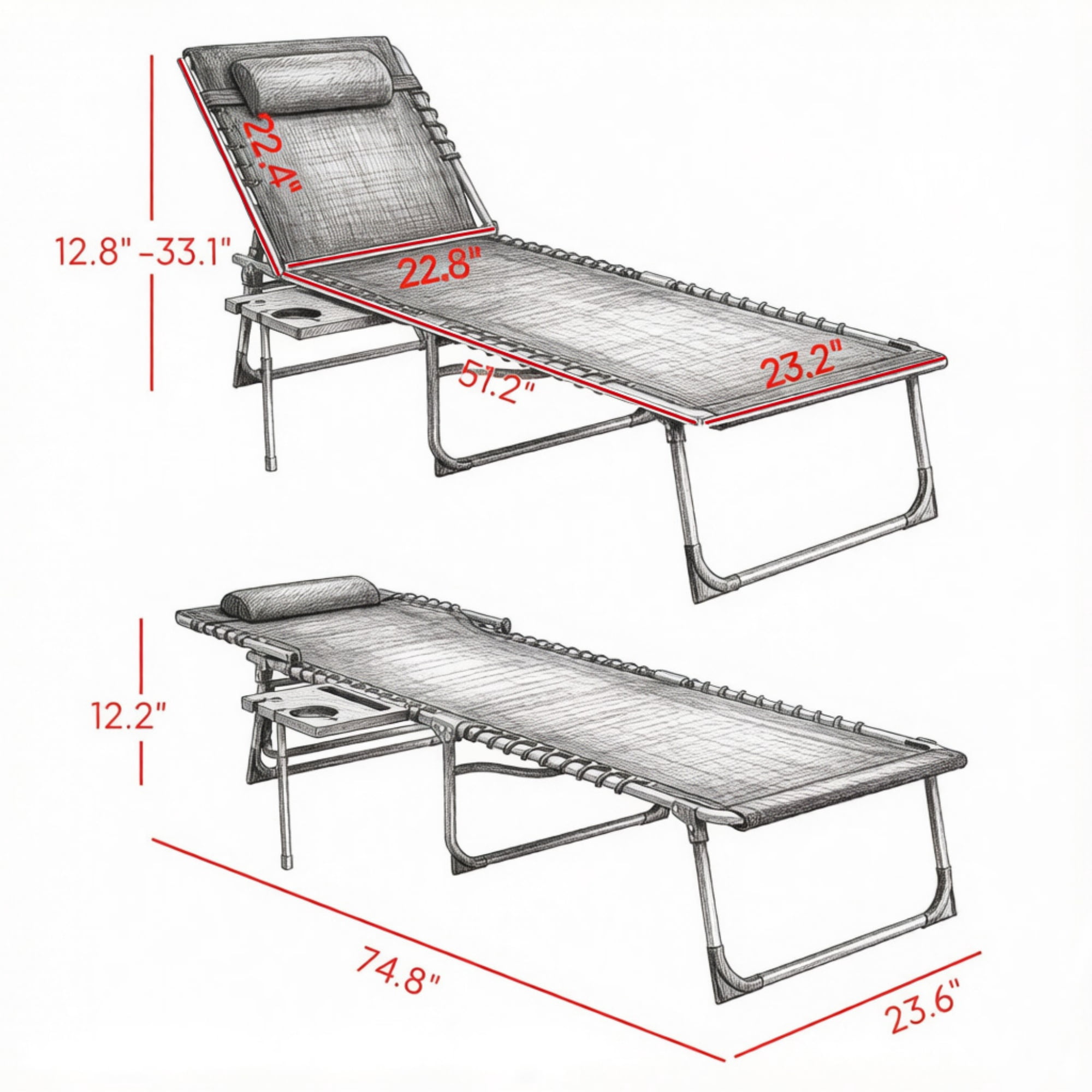 Outdoor Folding Chaise Lounge Chair, 5-Level Adjustable Tanning Chair, with Side Table, Pillow, Pocket, Black